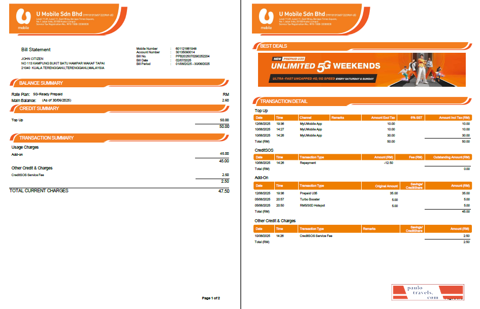 Malaysia U Mobile utility bill template in Word and PDF formats, 2 pages, version 2